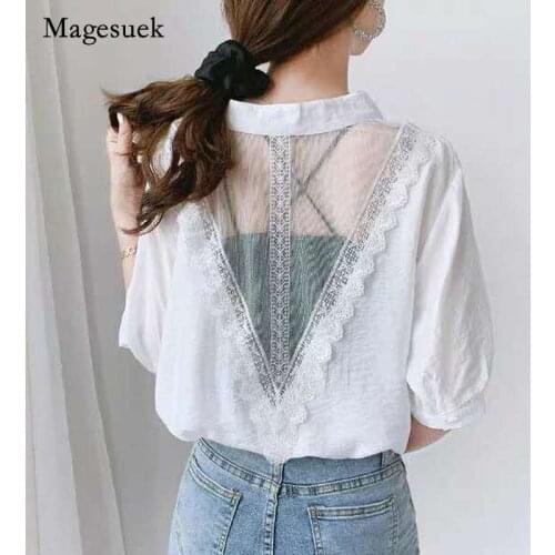 Plus Size Solid Women Shirts 2021 Summer Lace Hollow Out Shirt Women Cotton Embroidery Office Lady Loose Shirt Blusas 13788