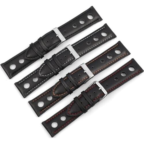 Genuine Leather Handmade Vintage Wrist Band Watch Strap Belt 18mm 20mm 22mm Men Watchband Hollow Breathable Black Watchstrap