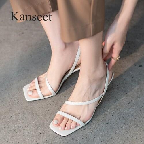 Kanseet New 2021 Womens Sandals Summer Concise Black White Genuine Leather Handmade Casual Footwear Back Strap High Heels Shoes