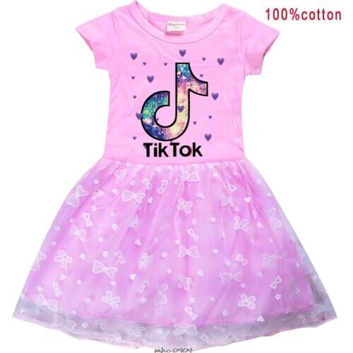 Tik Tok Summer Kids Girls Cotton T Shirt + Print Gauze Patchwork Dress Children Baby Home Party Casual Clothes Dresses