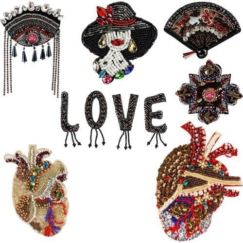 Embroidery Love Heart Handmade Bead Girl Fan Eye Finge Flower Leaves Decorated Badge Sew on Patch for Clothing Applique TH1816