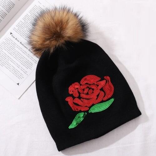 Women Hat Winter Pompom Wool Knit Beanie Raccoon Fur Flower Glitter Warm Autumn Outdoor Ski Snow Accessory Teenagers