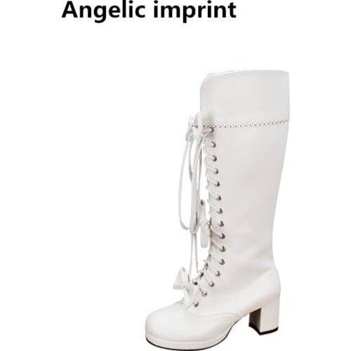 Angelic imprint mori girl Women boots lady lolita high thick heels warm Boots woman princess dress pumps shoes bowtie lacework
