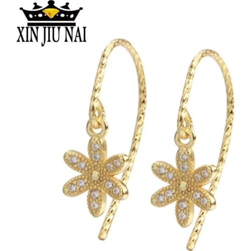 Sterling silver 925 shiny four-leaf flower and plant gilded female hipster ear hook simple non-monotonic zircon earrings