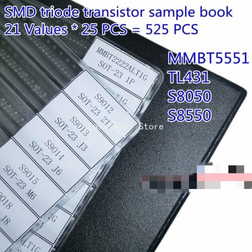 525PCS Commonly Used SMD Transistor Assortment Kit Assorted Sample Book 21kinds x25PCS MMBT5551 2222 TL431 MMBT3904 S8550 S8050