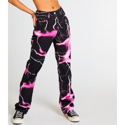 Fashion Lightning Print Jeans High Waist Color Block Straight Trousers Women Ladies Stylish Wild Casual Streetwear Pants