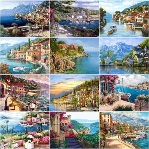 GATYZTORY Frame Landscape Seaside Houses Oil Painting By Numbers On Canvas Full Set DIY Kits Modern Wall Art For Home