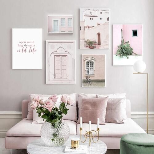 Pink Door Balcony Cactus Poster Nordic Photography Print Landscape Canvas Painting Trendy Artwork Picture Modern Home Decoration