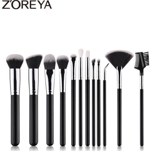 Zoreya Brand 12pcs Black Essential Makeup brushes Soft Synthetic Fibers Blending Powder Foundation Small fan Eye Brow Brush Set