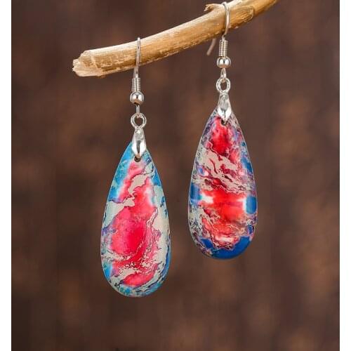 Healing Jewelry Natural Turquoises Stone Earrings for Women Long Water Drop Multicolor Imperial Jasper Crystal Dangle Earrings