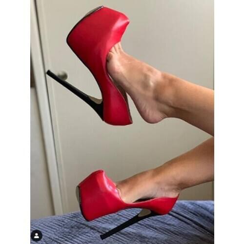 Moraima Snc Sexy Platform Pumps Red Leather Thin Heels Woman Shoe Super High Slip on Party Dress Heels