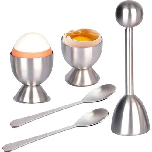 Egg Topper Cracker Set Shells Remover Cutter with 2 Cups 2 Spoons for Hard Soft Boiled Eggs Stainless Steel Kitchen Gadgets
