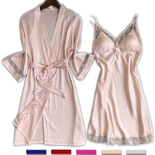 UNLIMON Womens Silk Pajamas Robes Sets For Women Satin Lace Quanlity Nightgown
