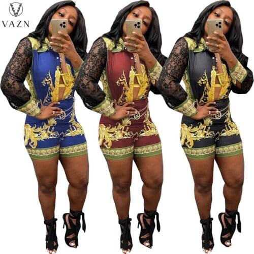 VAZN 2021 Women Fashion New Street Casual Style Sets Long Sleeve Lapel Top Elastic Short Pants Printed Two Piece Sets