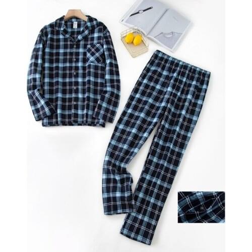 Autumn and winter solid color pajamas suit 100% cotton plaid mens pajamas mens casual plus size pajamas home service