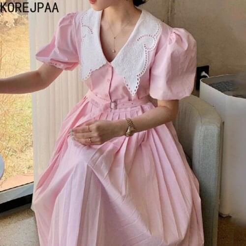 Korejpaa Women Dress 2021 Summer Korean Fashion Soft Sweet Lace Hook Flower Lapel Lace Up Pleat Puff Sleeve Dresses with Belt