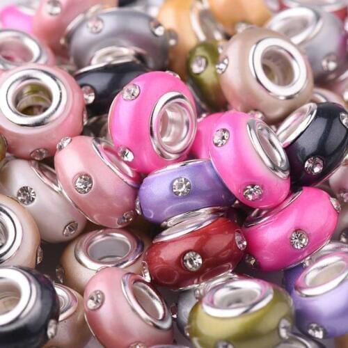 14MM 50Pcs Silver Plated Hole Beads Charms Fit Pandora Jewelry Bracelet Resin Acrylic with Rhinestones Spacer Jewelry Handmade