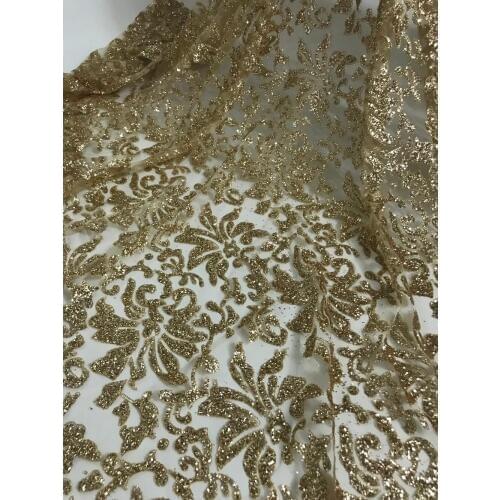 Glued glitter print african mesh tulle lace 5yards SYJ-9169 for wedding/evening dress/party in gold color