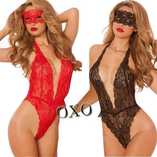 Sexy Lingerie Womens Transparent Lace Erotica Underwear Lace Blindfold Suspender Backless Bodysuit Jumpsuits For Lovers
