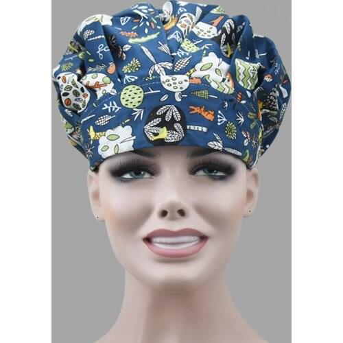 Unisex Scrubs Hats Flower Printed Cotton Bouffant Caps Breathable Adjustable Workwear Anti-dust Nursing Hats Accessories