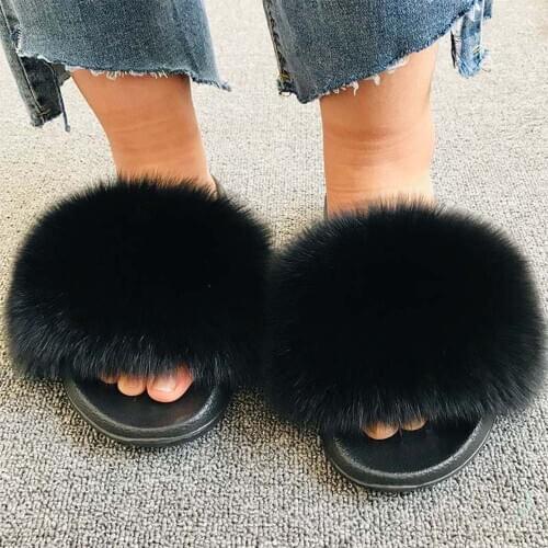 Summer Sexy Female Fox Fur Slippers Furry flip-flops Woman fluffy Slides Multi Color Sandals fluffy flip flops Size EVA Shoes