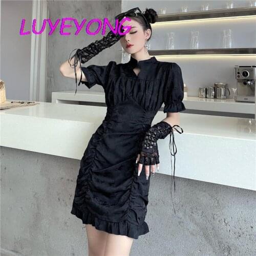 Harajuku Street Summer Women Stand Neck Puff Short Sleeve Mini Dresses Black Gothic Lady Chinese Style Cheongsam Dress Clothes