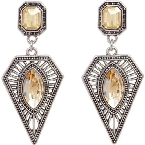 Women Bohemian Retro Hollow Carved Flower Long Dangle Earrings Ethnic Vintage Crystal Triangle Tassel Earrings Diamond Jewelry