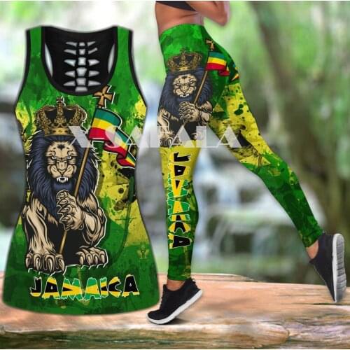 Jamaica Lion Combo Hollow Two Piece Yoga Set Women 3D Print Vest Hollow Out Tank Top High Waist Legging Summer Casual Sport