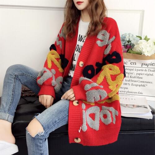 2021 Spring Autumn New Korean Long Sleeve Single Breasted Thick Loose Cardigans Women Letter Print Knit Sweater