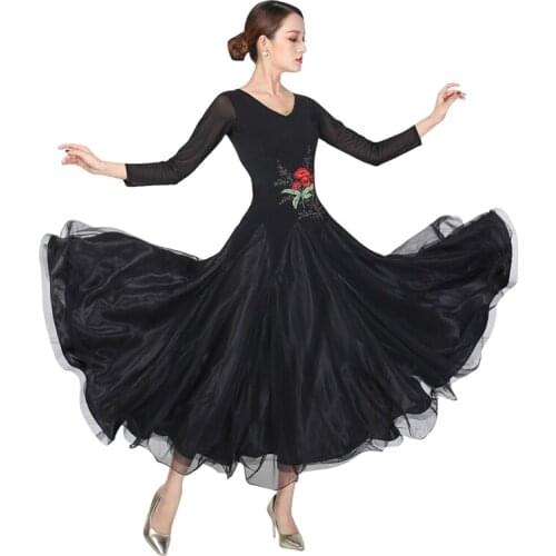 Womens Ballroom Dance Dresses Performance Lace Long Sleeve Natural Dress Embroidery