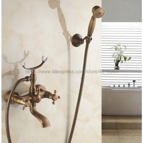 Antique Brass Bath Shower Faucet Set Dual Knobs Wall Mounted Bathtub Mixers with Handshower Swive Tub Spout Ntf155