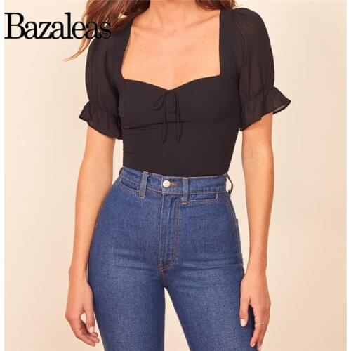 Bazaleas Vintage womens tops and blouse 2020 France Black Flare Short Sleeve blusa feminina Fashion Slim Center Bow blusas