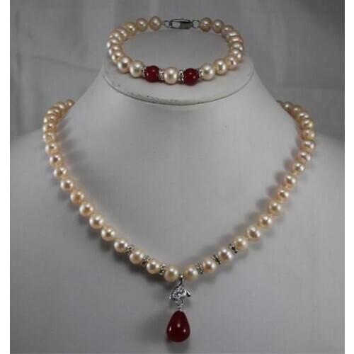 Free shipping Hot Jewelry 7-8mm pearl red green Jade Pendant Necklace bracelet Set
