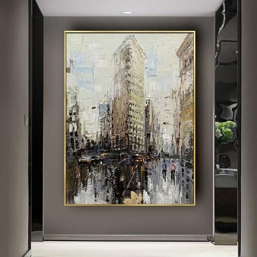 Hand painted retro new york city oil painting on canvas grey wall picture gray hazy city View canvas wall art for living room