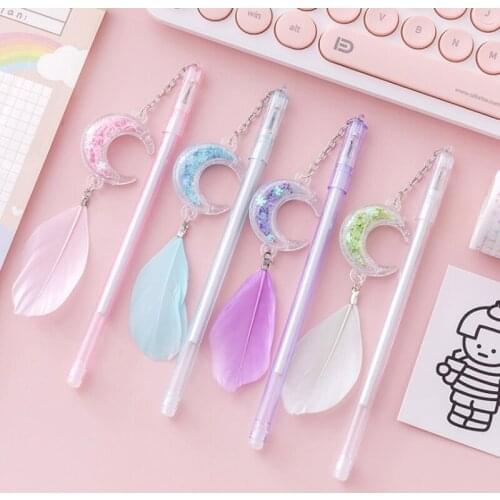 4pc Kawaii Sequined Moon Pendant Gel Pen Creative Black Signature Writing Exam Pen Accessories Office School Supplies Stationery