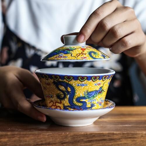 Ceramic cover bowl tea cup Sancai bowl Babao tea making tea bowl Huang Shuanglong antique hot pot restaurant single