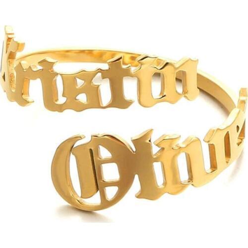 Gothic Rings Simple Double Name Bague Adjustable Rose Gold Old English Rings Stainless Steel Customized Anillos Mujer Vintage