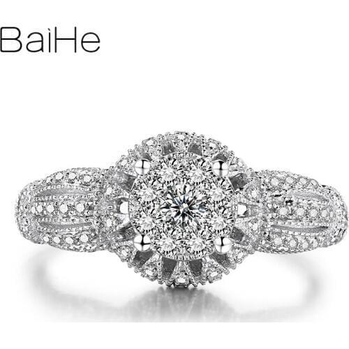 BAIHE Solid 18K White Gold 0.09ct 0.56ct H/SI Round Natural Diamonds Ring for Women Wedding Band Trendy Fine Jewelry luxury Ring