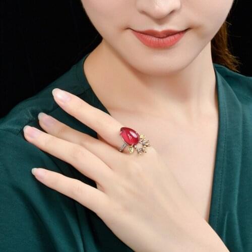 100% real solid silver set with red fused alumina 925 sterling silver ring sika deer adjustable index finger silver ring