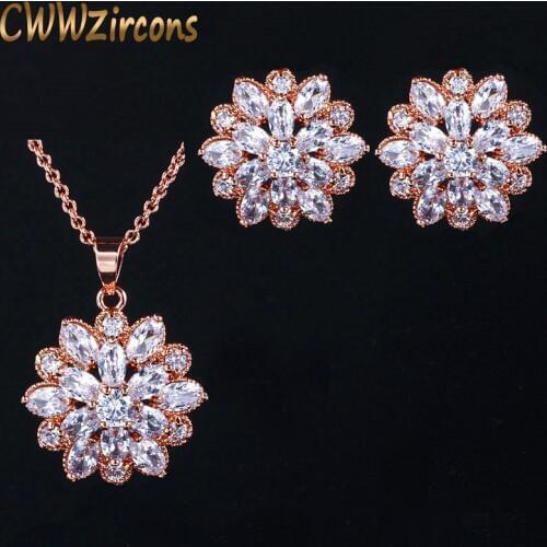 CWWZircons Brand Clear White CZ Crystal Rose Gold Color Flower Earrings And Necklace Jewelry Set For Ladies Fashion Gift T179