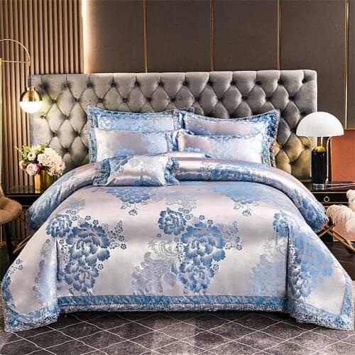 Euro Style Luxury Silky Stain Bedding Set Queen King Size Bed Sheets Sets Duvet Cover Floral Pattern Jacquard Lace Bed Cover Kit