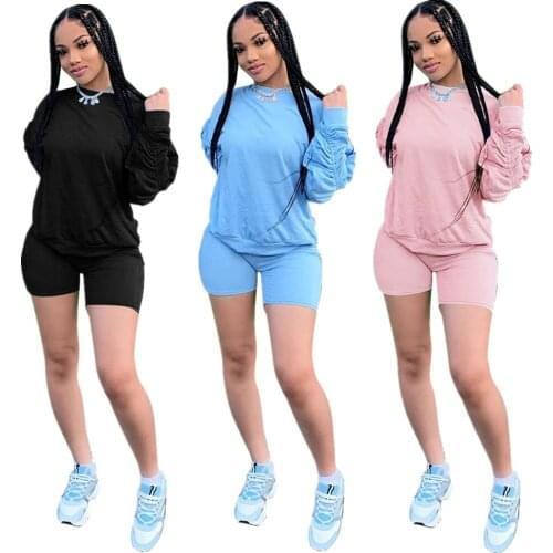 Long sleeve o neck elastic sexy crop tops shorts 2-pieces 2020 summer autumn women fashion casual sports sets