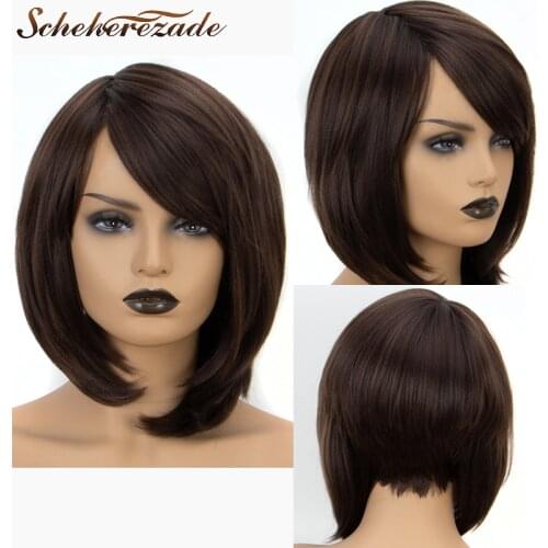 Short Bob Synthetic Lace Front Wigs Natural Straight Brown Wig With Bangs For Black Women Heat Resistant T Part Wig Scheherezade