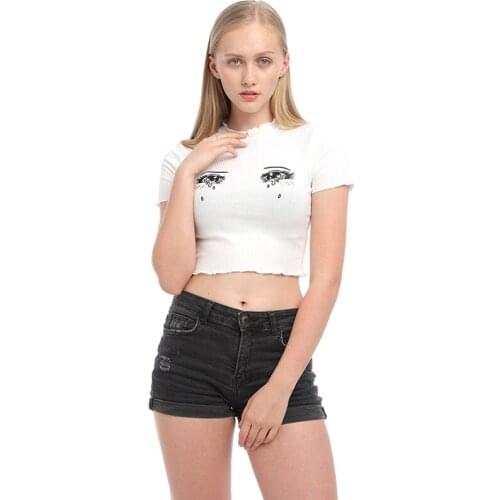 Hot Summer Simple Elastic T-shirt Cartoon Tears Printed Casual Tee Kawaii Crop Top Sexy White Shirt Female Roupas Feminina