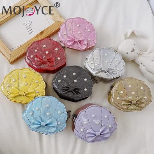 Fashion Girls Solid Color Shell Shape Thin Chain Shoulder Crossbody Bag Portable PU Leather Pearl Printing Bowknot Mini Handbags