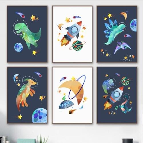 Cartoon Dinosaur Rocket Moon Planet Exploration Wall Posters Decorative Canvas Painting For Children Room Decoration Kid Bedroom