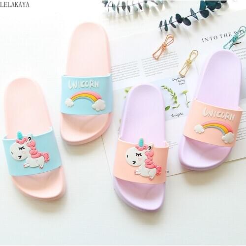Cartoon Rainbow Unicorn Indoor Women Slippers Home Bathroom Anti-slip Shoes for Boy Girl Summer Beach Outdoor Swimming Sandals