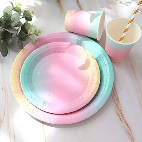 Rainbow Disposable Tableware Set Party Table Decoration Paper Cups Plates Wedding Birthday Party Decoration Accessories