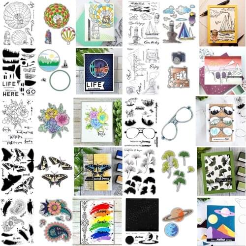 Dies and Stamps Set Mountain Track View Sailboat Earth Rainbow Balloon Leaves Butterflies Flowers Mixed Element DIY 2021