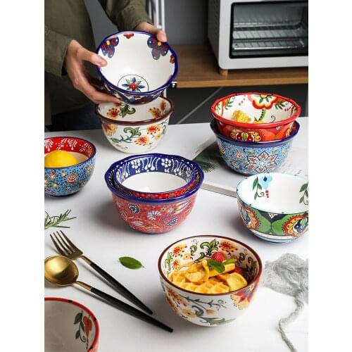 New Bohemian hand painted ceramic bowl family dinner bowl trumpet noodle bowl soup bowl cereal bowl salad round bowl